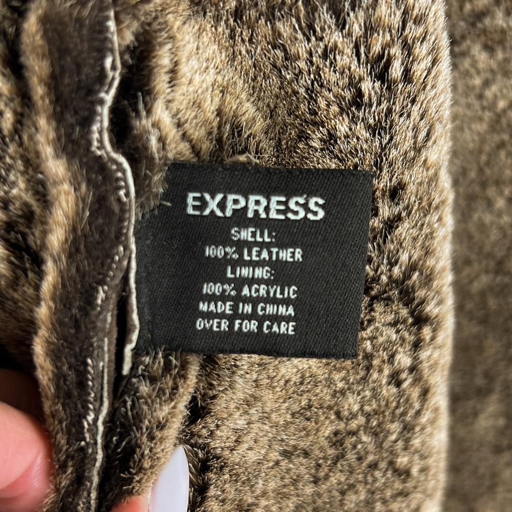 Express Vintage Y2K Suede Leather Faux Fur Belted Button Up Trench Coat Brown L - Picture 10 of 12